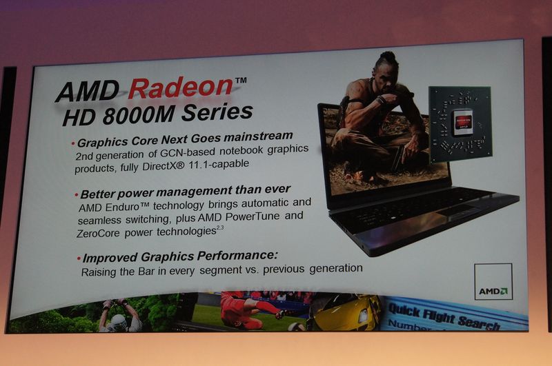 Radeon HD 8000M의 설명을 슬라이드.  아키텍처에 관해서는 2 세대 GCN된다는 것이 었는데, 2 세대의 내용에 대해 아무것도 밝혀지지 않았다