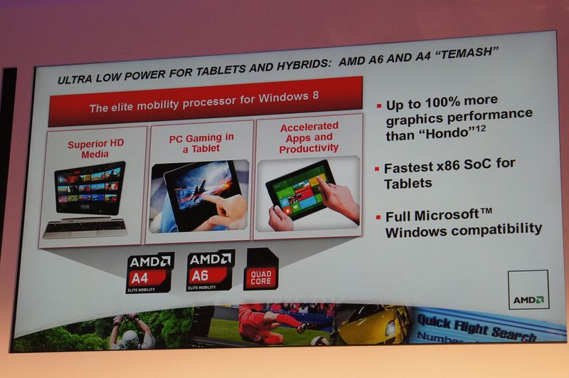 Temash을 설명하는 슬라이드.  Hondo에 비해 배의 성능 향상을 실현하고있다.