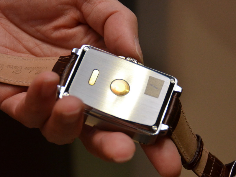 뒷면에는 단자가 2 개 있고, 충전 및 심전계 전극으로 이용되는