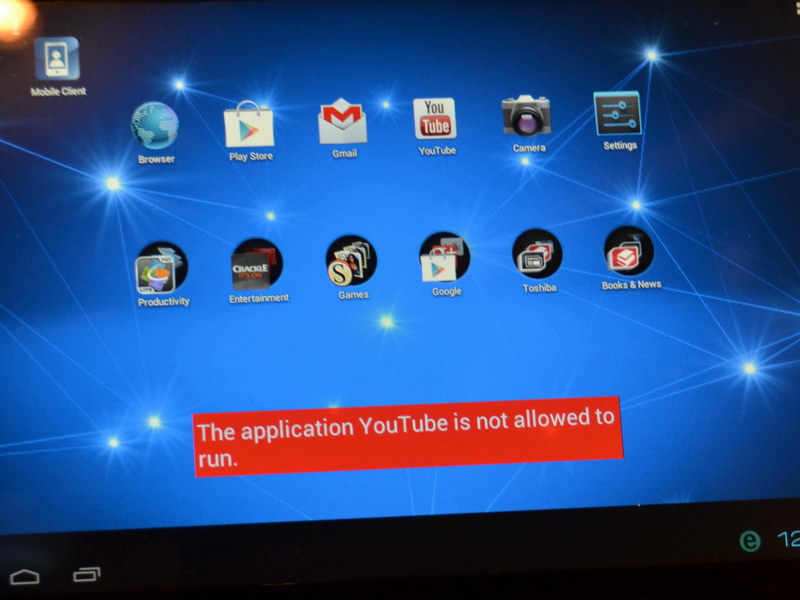 태블릿 보안 도구를 이용하여 지정 이외의 응용 프로그램을 시작하거나 설치, 소프트웨어의 삭제 등의 제한이 걸려있다.  지정 이외의 응용 프로그램을 시작하려고해도 이렇게 경고가 표시되는 시작하지