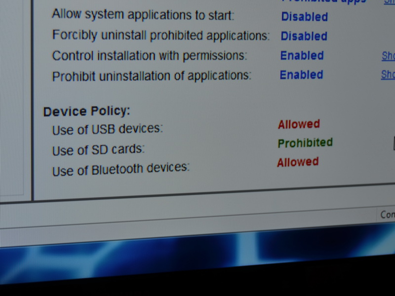 アプリだけでなく、デバイスの制限も可能。USBやSDカードスロット、Bluetooth、無線LANなどに対応