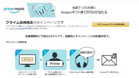 Amazon Prime Musicで曲を聴くだけでギフト券1万円分が当たるキャンペーン Pc Watch