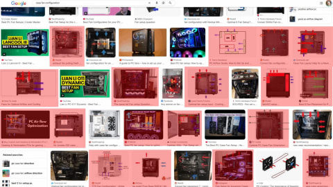 動画中、エアフローに関する情報を画像検索した様子。フロントベイやHDDベイがケース前面に配置されたケースの画像も多く、古くからの情報が混在している