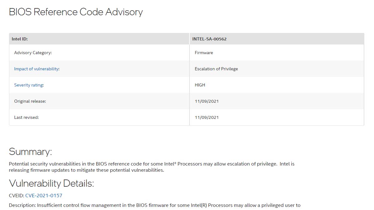 Intel CPUのBIOSリファレンスコードに特権昇格の脆弱性 - PC Watch