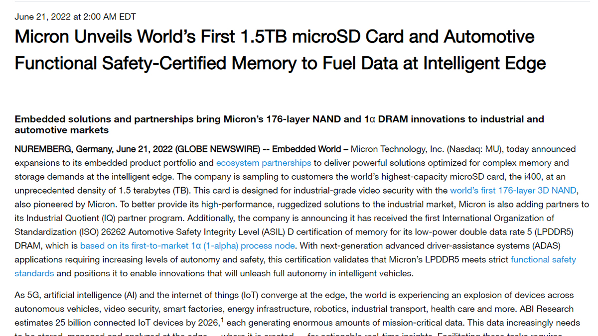 Micron、容量1.5TBのセキュリティカメラ向けmicroSDカード - PC Watch