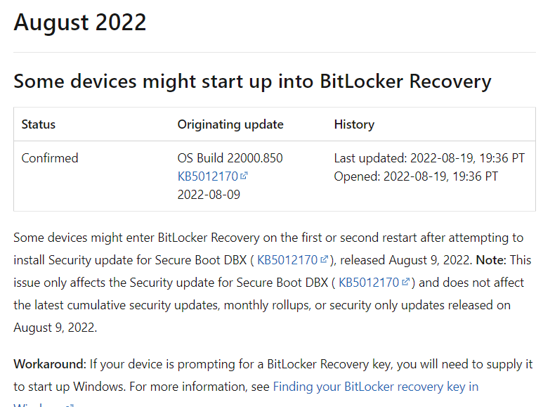 Windows 11更新でBitLocker暗号化キーを求められる不具合。不明だと