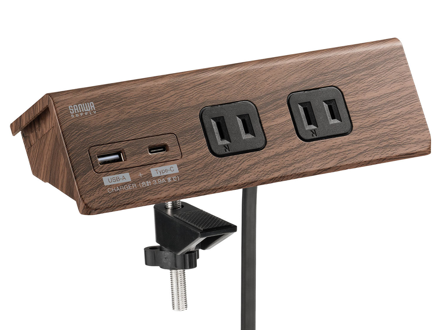 サンワサプライ、USBポート2つ搭載でクランプ式の卓上4口電源タップに