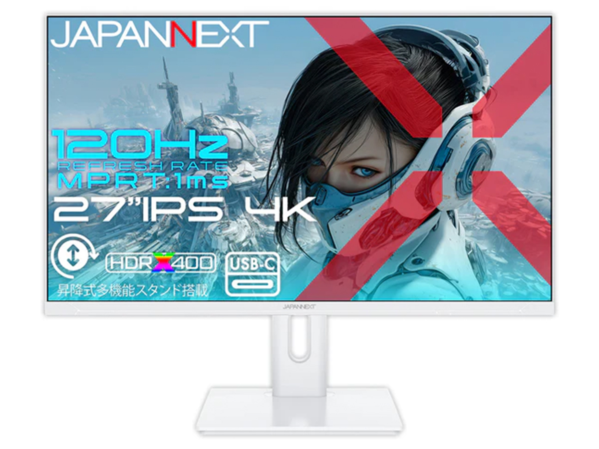 JAPANNEXT、65W USB Type-C搭載でホワイトな27型4K/120Hzゲーミングモニター