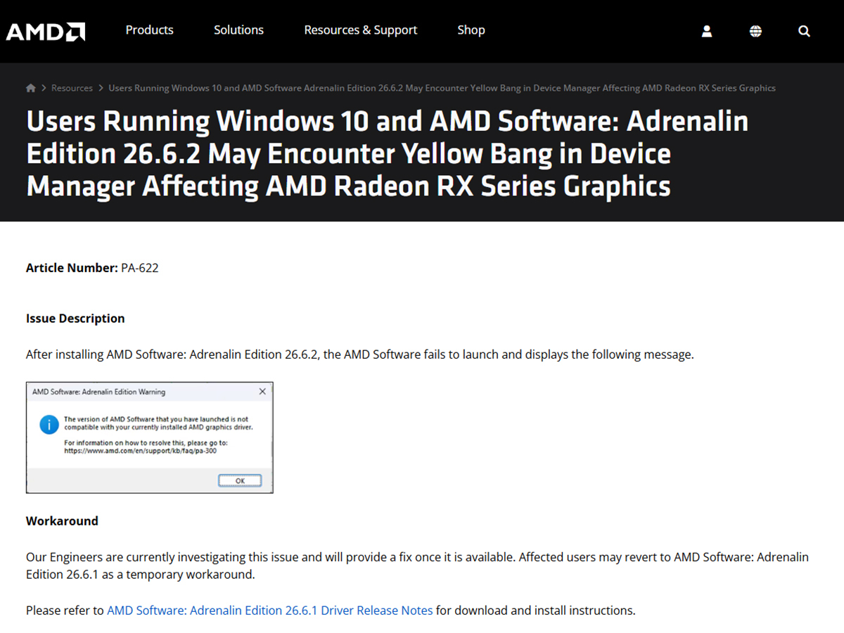 AMD、Windows 10環境でRadeonドライバ「26.6.2」に不具合