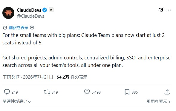 ClaudeのTeamプラン、最小2名から契約可能に