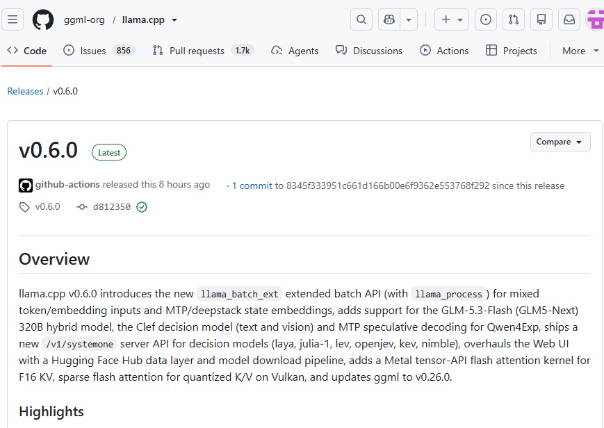 llama.cpp 0.6.0公開。GLM-5.3-Flash対応やMetal高速化